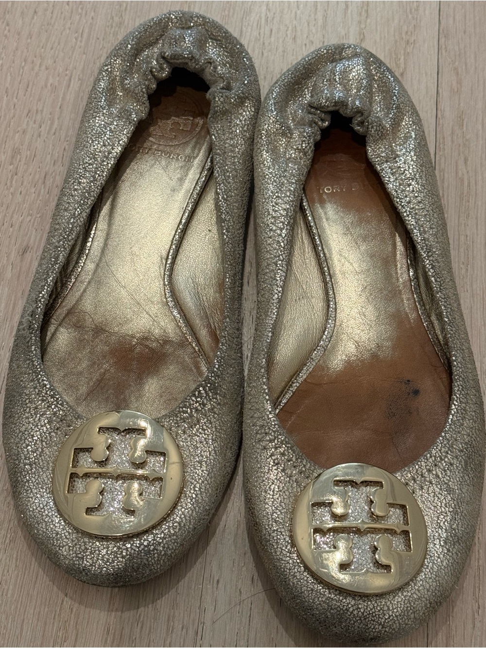 Tory Burch Shimmering Gold Logo Ballet Flats